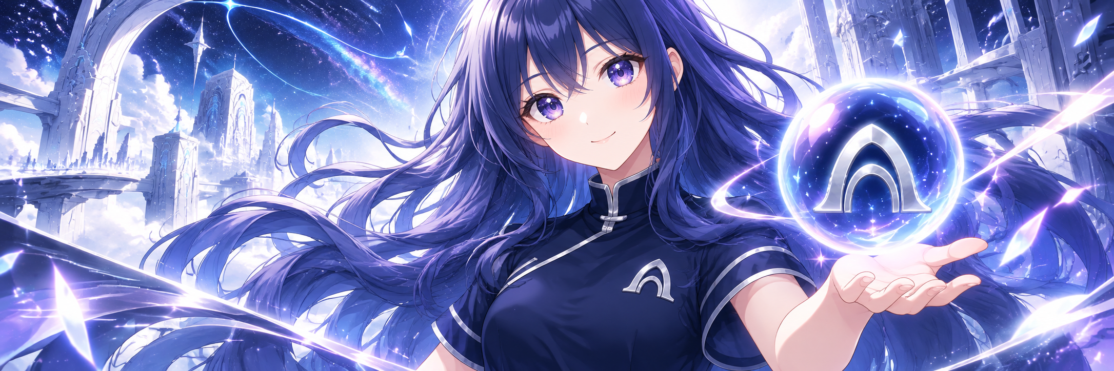 Arc Chan standing in a celestial city, holding a glowing arc orb